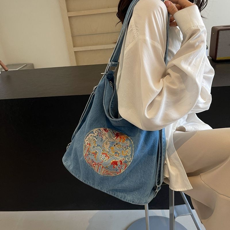 Ransel Kapasitas Besar Gaya Cina 2024 Ransel Komuter Bahu Tunggal Baru Tas Denim Ransel Multifungsi 