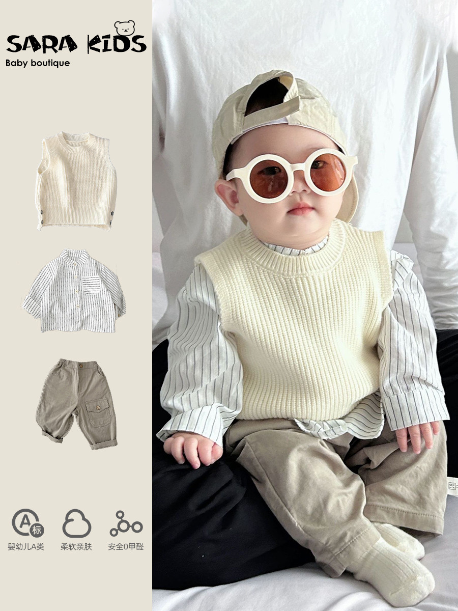 Pakaian Bayi Korea and Autumn Set, Men's Baby Knitted Vest Spring Clothing, Stylish Top, Pants, Chil