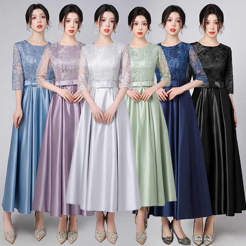 Gaun malam yang panjang versi Korea banquet lace dress host  Import
