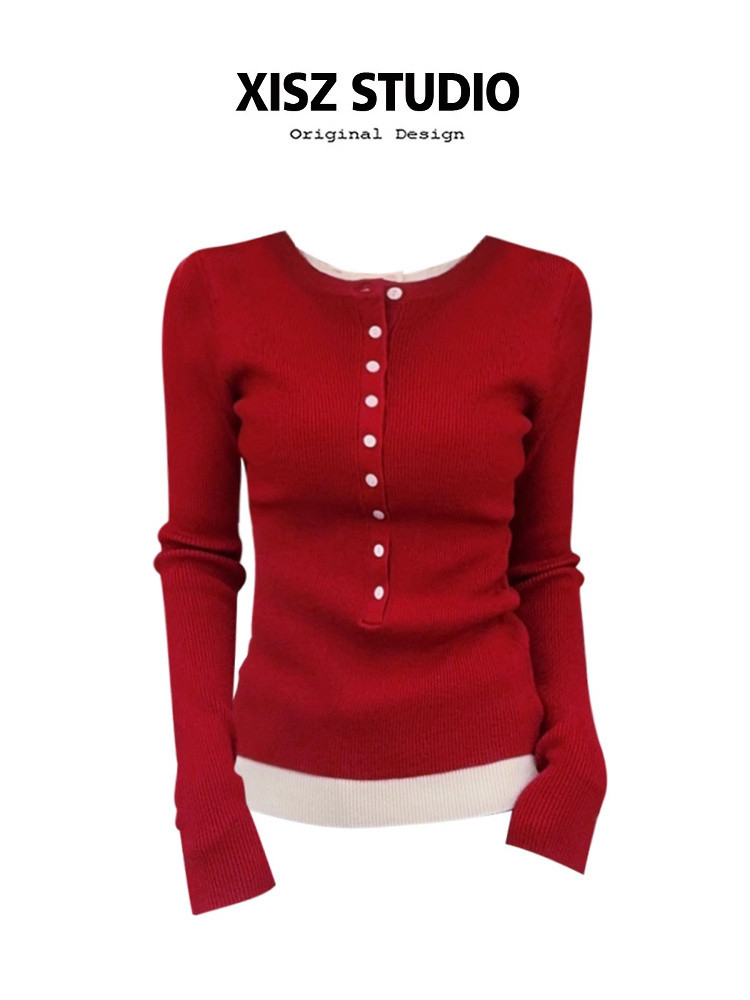 Lazy Fake Two Henley Collar Knitted for Women in Spring, High End, New Year's Red, Slimming and slim