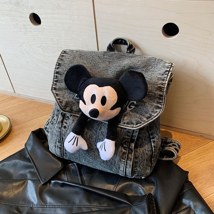 Ransel Mickey denim bekas dicuci 2024 ransel boneka jalanan trendi tamasya baru tas bahu wanita bar