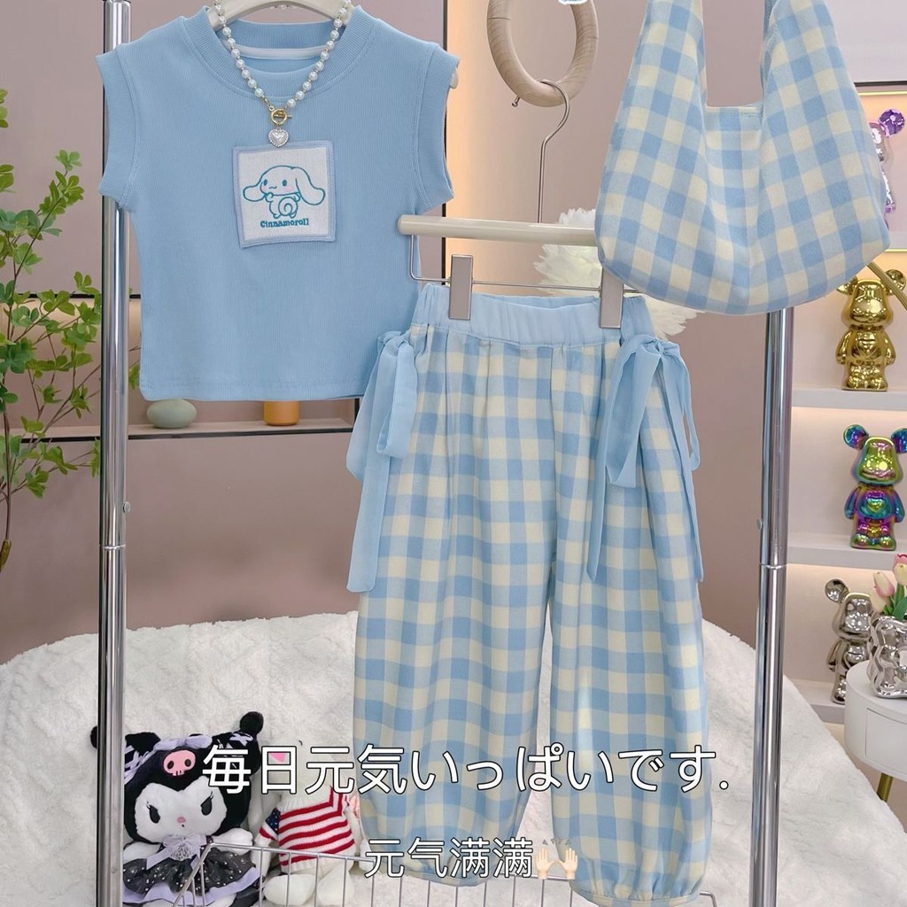 Setelan Anak Perempuan Kaus Rompi Tanpa Lengan Anak-anak Gaya Musim Panas, Celana Kotak-kotak Sutra 