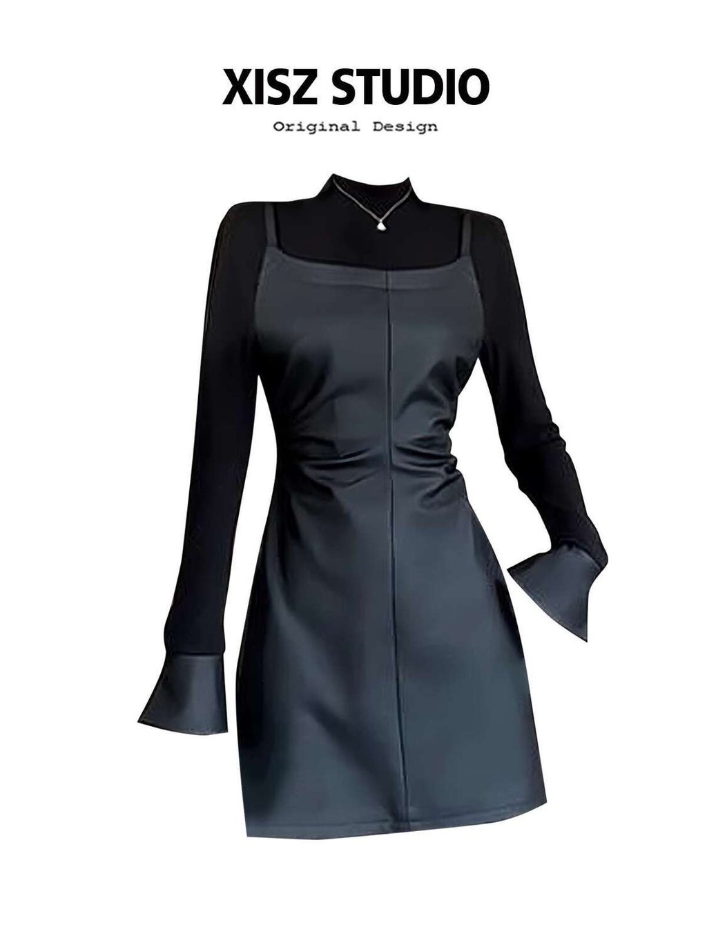 Gaya gadis manis palsu dua potong pinggang kulit terpecah gaun slimming, semi dan musim gugur peranc