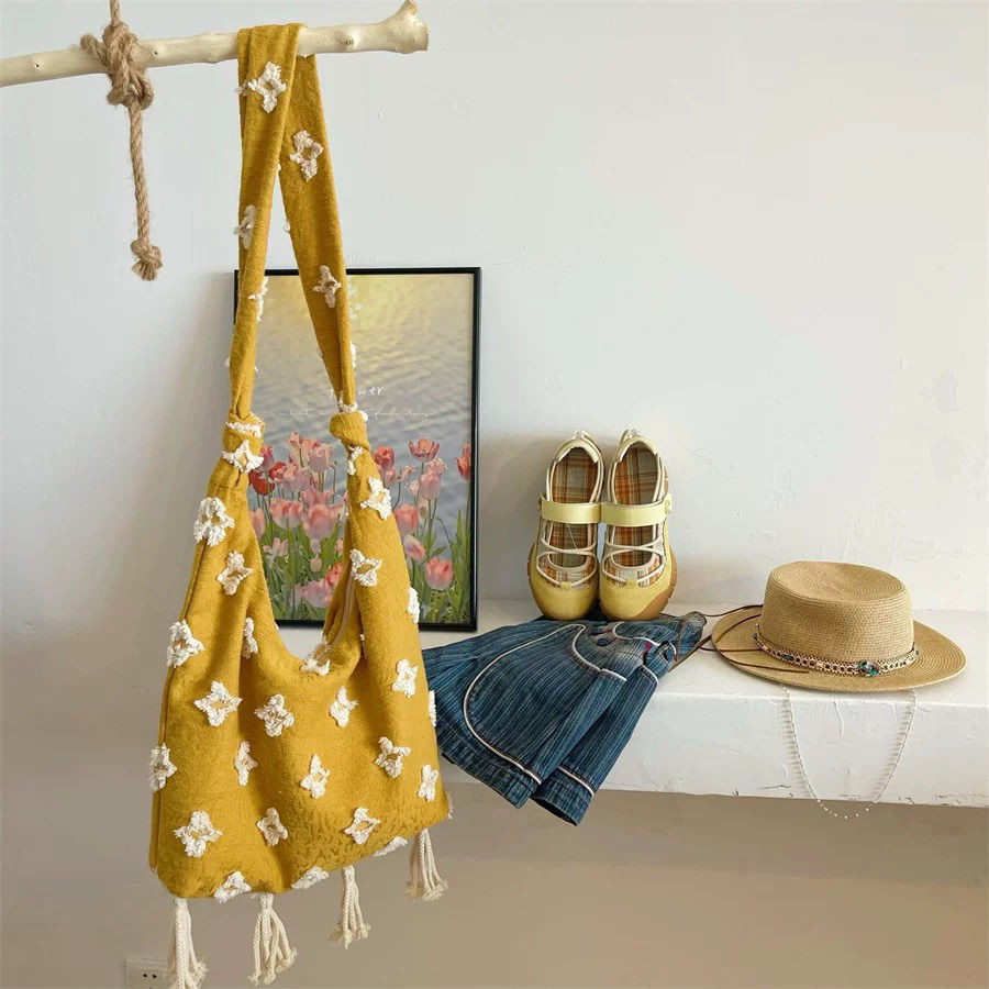 Pergi kemana angin bertiup, tas travel crossbody, tas kain rumbai kuning, tas bohemian untuk wanita