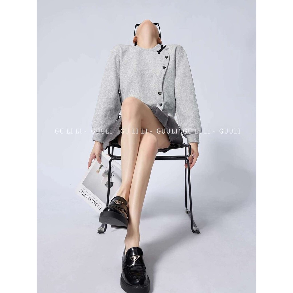 Gulili/Grey Hoodie Women's 2025 New Li MIU Air Wear Pair Round Neck Long Sleeve Top Short