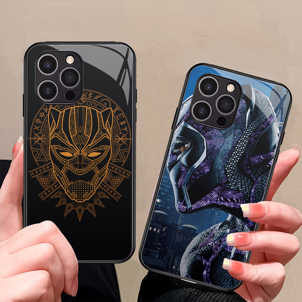 R-60 Marvel Black Panther Kaca Casing untuk iPhone 12 Mini 11 14 15 Pro Max Plus Case