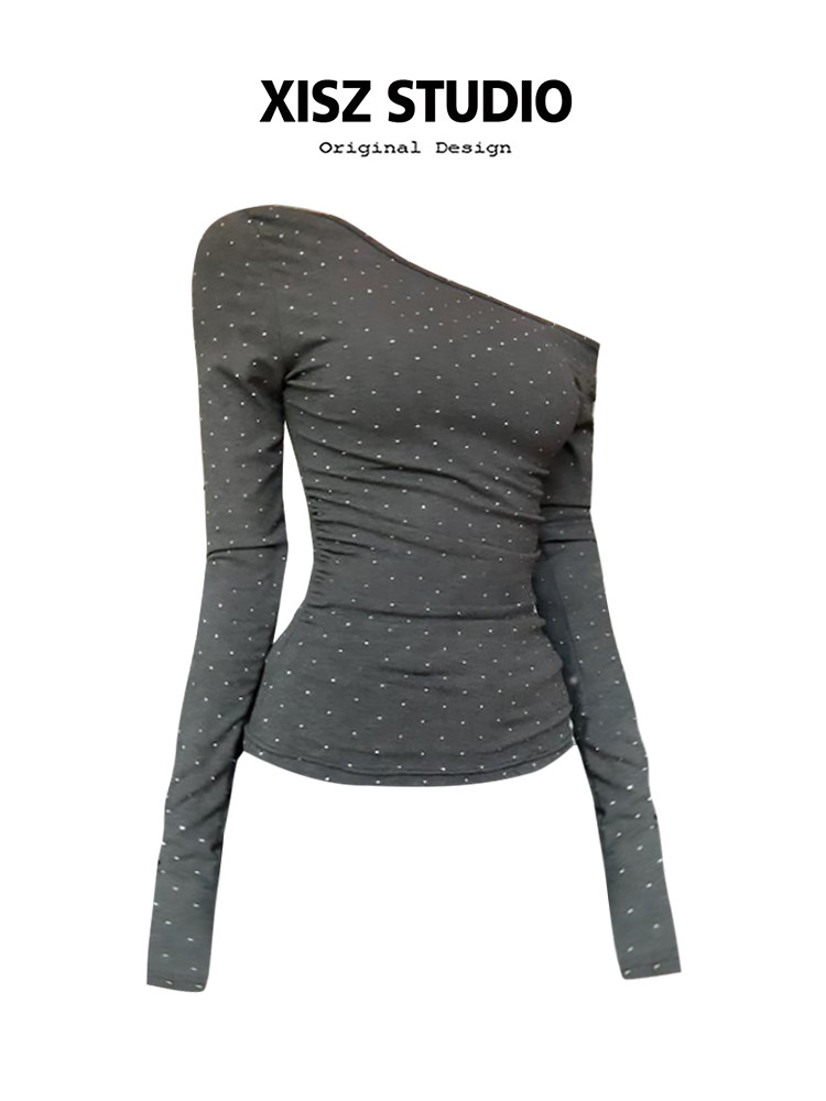 Gaya gadis-gadis berbatu Amerika berlengkung bahu polka dot hot diamond panjang T-shirt lengan untuk