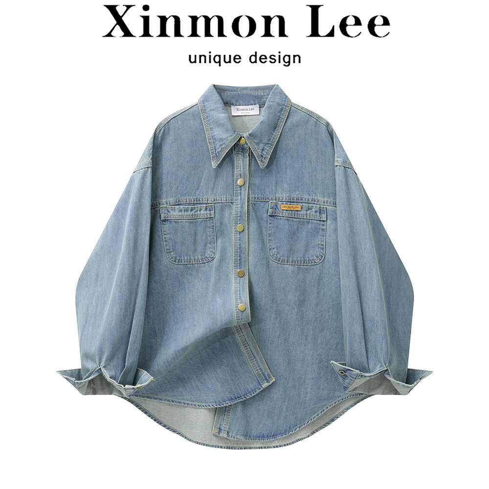 Xinmon Lee temperament denim versatile untuk wanita semi musim panas, jaket kemeja longgar dan licin