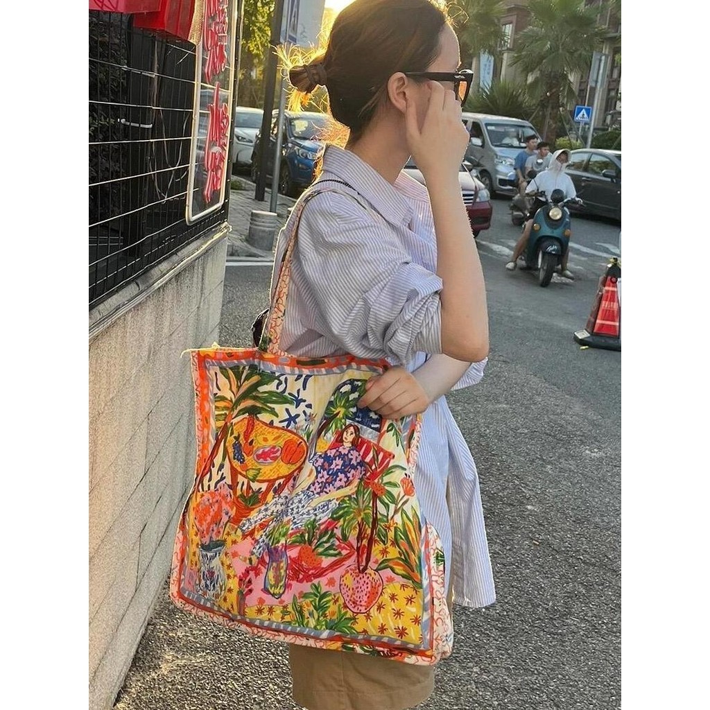 Tas Kanvas Tas Wanita Lukisan Seni Grafiti Krayon Abstrak Thailand Tas Bahu Kanvas Tas Tote Tangan K