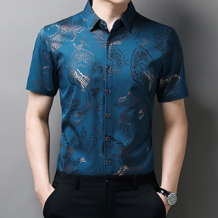 Kemeja Pria Terbaru  2021 Musim panas Men's Ringan Bernafas Kasual Short Sleeve Dragon Print Shirt i