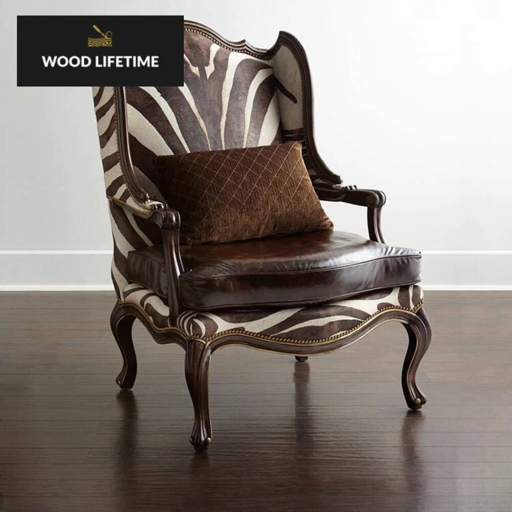 Kerusi sofa tunggal kayu Amerika, seni kulit pola zebra sederhana, harimau punggung tinggi, balkon r