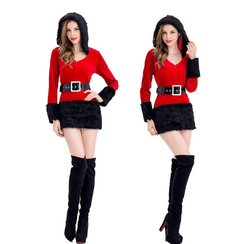 Kostum Pakaian Natal 2024 Pria Wanita  Gaun berambut merah wanita dewasa dengan panjang dan lengan C