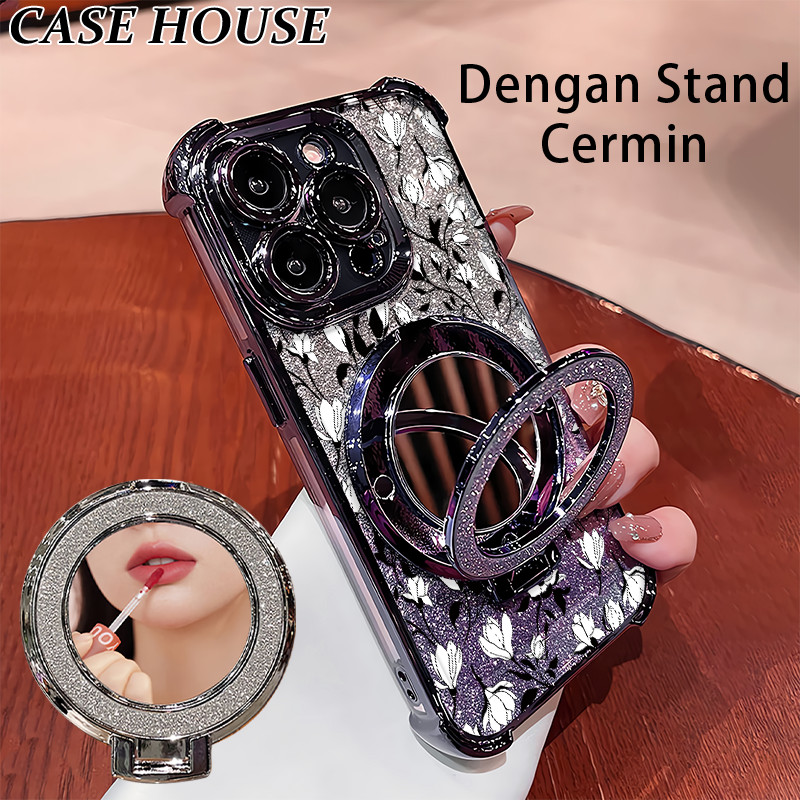 Glitter Card Case HP Oppo A16 A95 Reno 5F A12E A3 Stand Holder Cermin Casing Oppo A17K A36 A79 5G A5