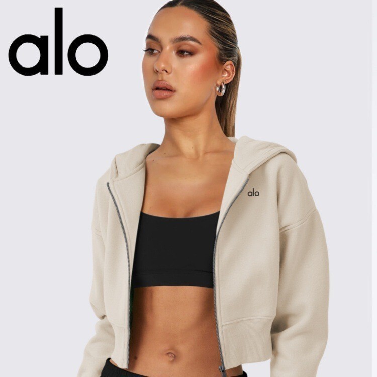Jaket Olahraga Import    Alo hoodie wanita jalanan pendek cardigan berpakaian yoga zipper lengan jak