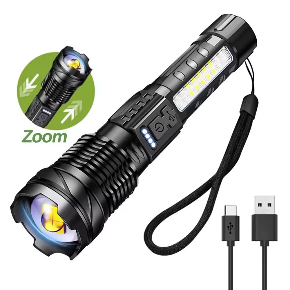 Senter Flaslight Lampu Led Handle  Lampu cahaya kuat multifunksional dengan zoom teleskopik dan sisi
