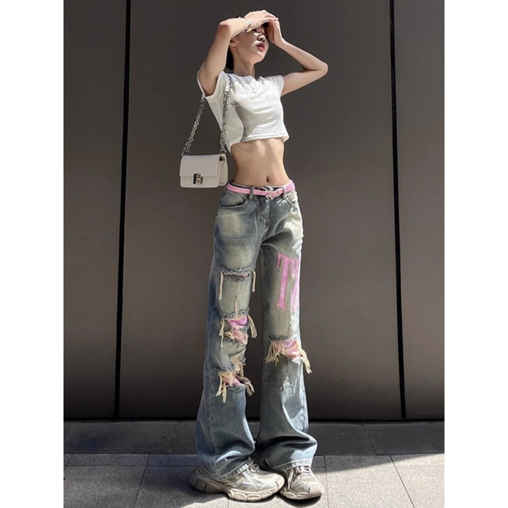 Jeans robek desain warna jalanan untuk wanita celana lebar pinggang tinggi pelangsing serbaguna deng