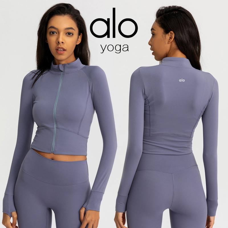 Kaos Olahraga  Alo wanita, yoga ketat olahraga, cepat kering lengan panjang  zipper cardigan, pakaia