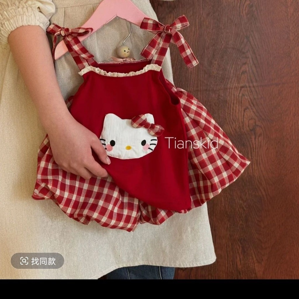 Girls' Red Suit Bow Suspender Top Red Plaid Pants Fashionable Summer Super Fresh And Cute