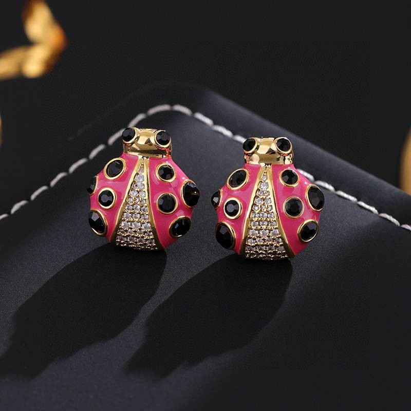 Lapisan Emas Asli + Jarum Perak 925, Anting Zirkon Bertatahkan Bentuk Kepik Enamel Yan