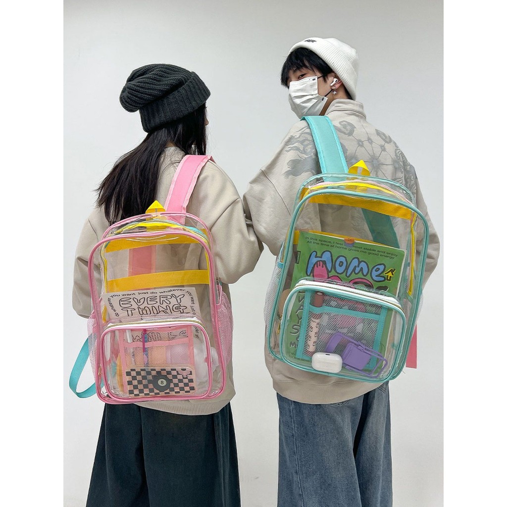 Ransel Transparan Tas Jelly PVC Wanita Tas Sekolah Siswa Dopamin Warna Kontras Ransel Tahan Air Keci