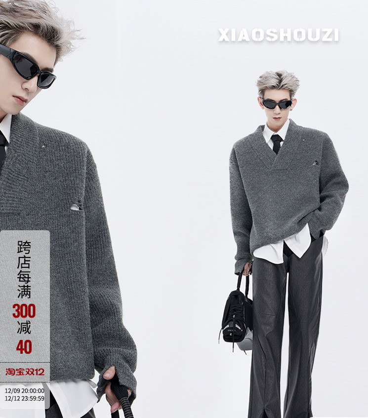 abu-abu V kerah lubang gugur musim dingin gaya premium Korea perguruan tinggi angin rajutan baju pri