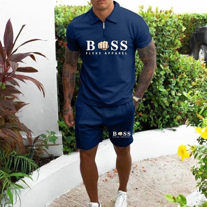 Kaos Polo Shirt Kerah Pria  Short Sleeping Shorts Kasual Slim Fit Men's 2023 Summer Two Piece Set