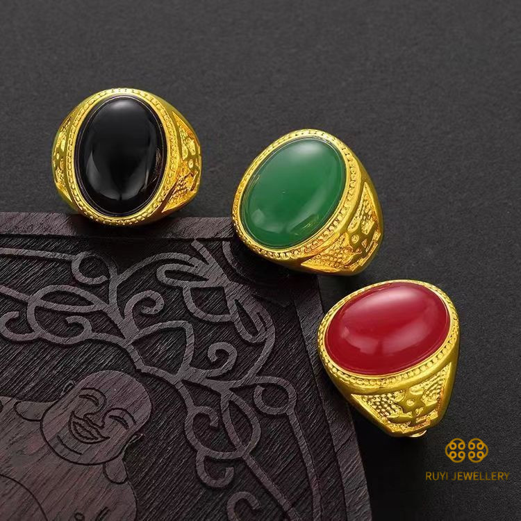 Cincin batu permata pria berlapis emas yang modis dan mendominasi, cincin pria terbuka batu akik im