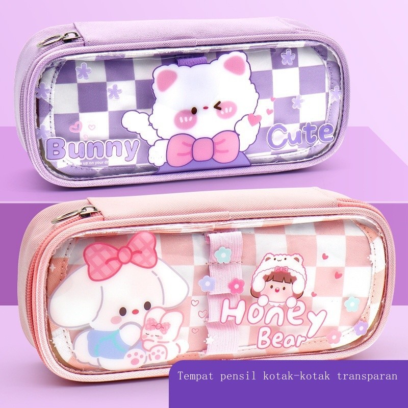 

L Tas Pensil Transparan Kotak-kotak Kapasitas Besar Anak Perempuan Kotak Alat Tulis Anjing Kayu Man