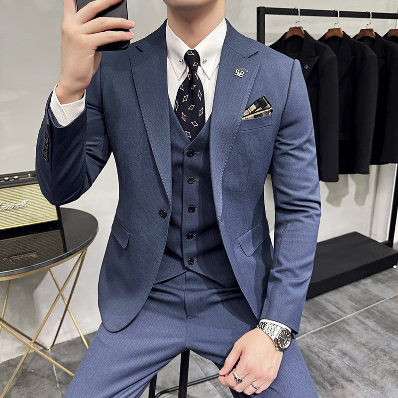 Jas Blazer Pria  Suit untuk pengantin pria, tiga set potong, high-end Korea version, slim fit, strip