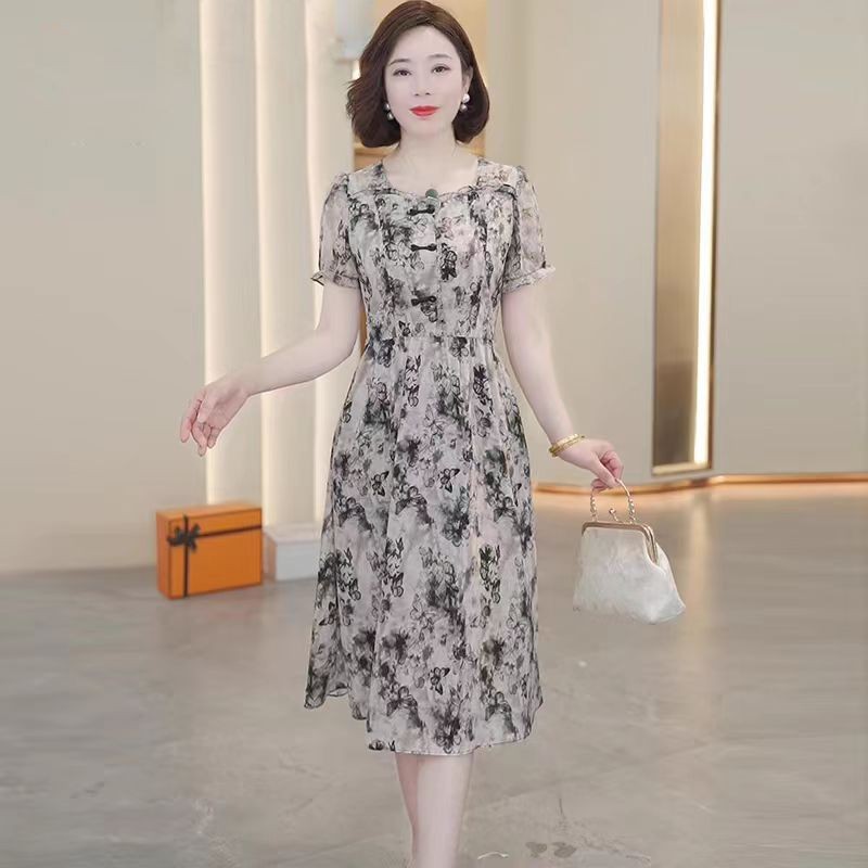 Gaun Ibu Musim Panas, Gaun Musim Panas Wanita Lengan Pendek, Tipis, Setengah Baya dan Tua, Rok Gaya 