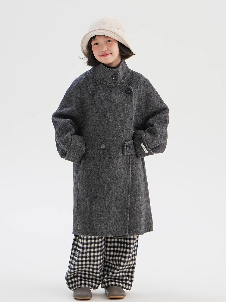 Mantel kasmir anak-anak dengan gaya antik, kerah berdiri kecil, dua sisi untuk anak laki-laki peremp