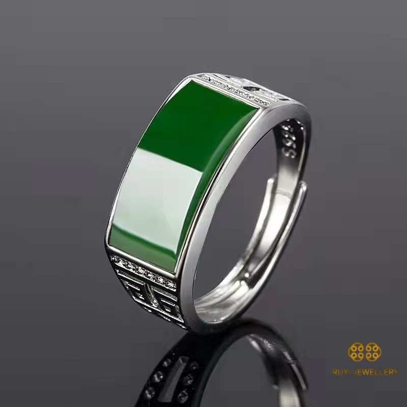 Cincin Pria Giok Hetian Imitasi Cincin Jasper Lapis Perak Cincin Pria Elegan Cincin Pria Chrysopras