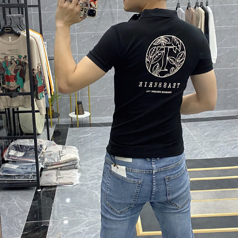 Kaos Polo Shirt Kerah Pria  Kaos Polo pendek trendy muda baju biasa lapel t-shirt sutra Eropa pria s