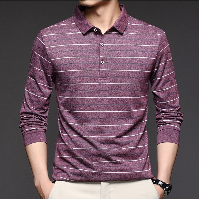 Kaos Polo Shirt Kerah Pria  2023 semi musim gugur baru pria menengah muda flip stripe mode kasual le