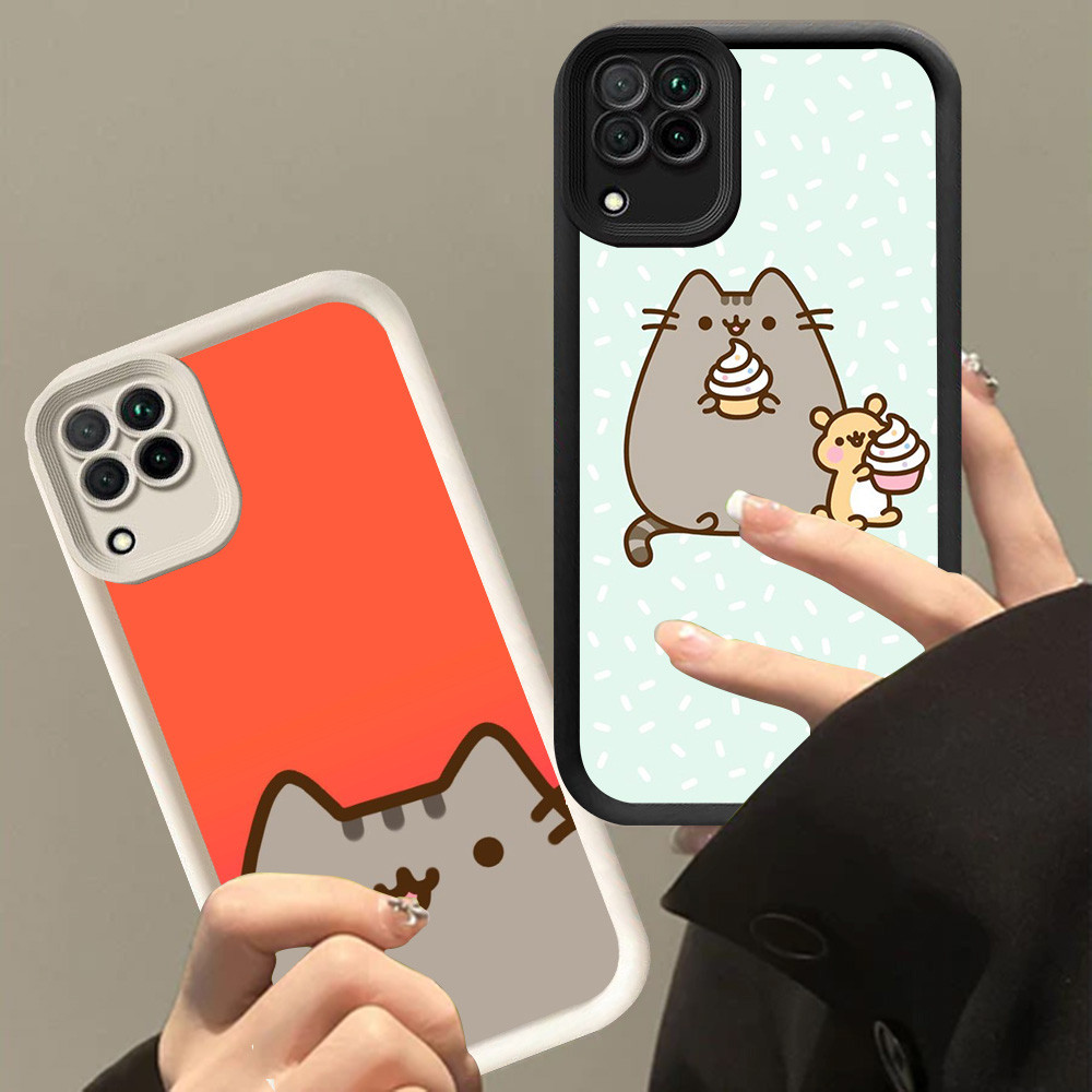 XI84 Cute Pusheen Cat Casing untuk Samsung A04E A04 A05 A12 F04 A06 M15 M04 A22 5G Hitam Putih