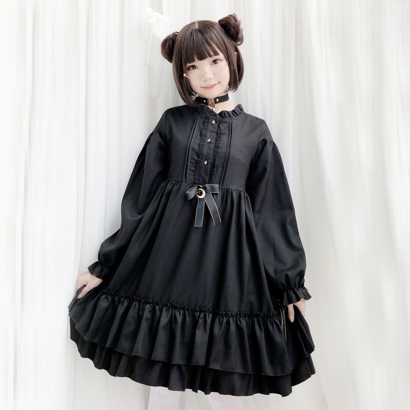 Dress Luxury Import  Castle di bawah sinar bulan musim gugur/musim dingin panjang lengan Black Soft 