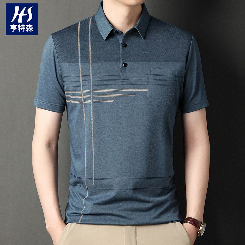 Kaos Polo Shirt Kerah Pria  T-shirt lengan pendek dengan saku nyata, garis tipis, baju polo pria ber