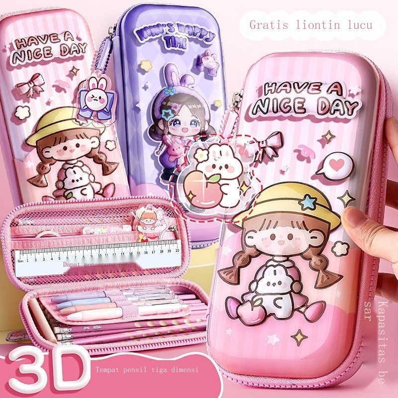 

L Tas pensil Kaba Bear EVA kapasitas besar 3D kartun tiga lapis kotak pensil tahan air multifungsi