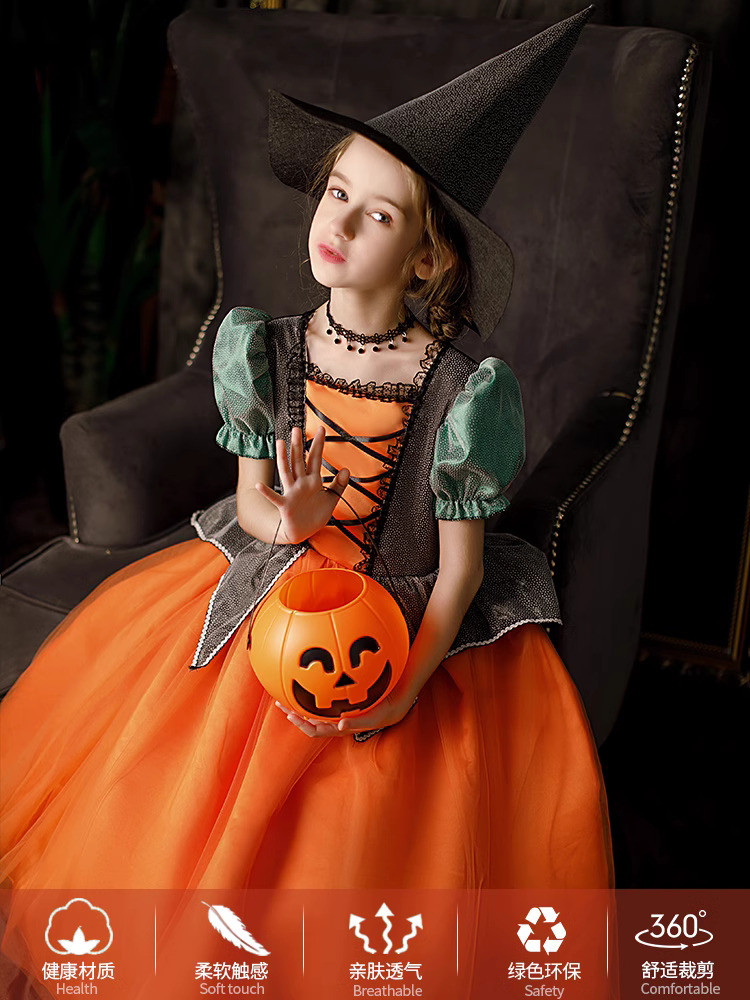 Kostum anak Halloween, gaun putri gadis, bayi pumpkin, kosplay, penampilan penyihir, kostum penyihir