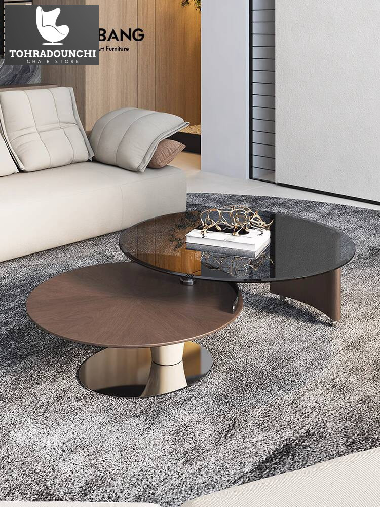 Meja bulat minimal modern ruang tamu rumah tangga kecil kayu berputar kreatif meja teh kaca