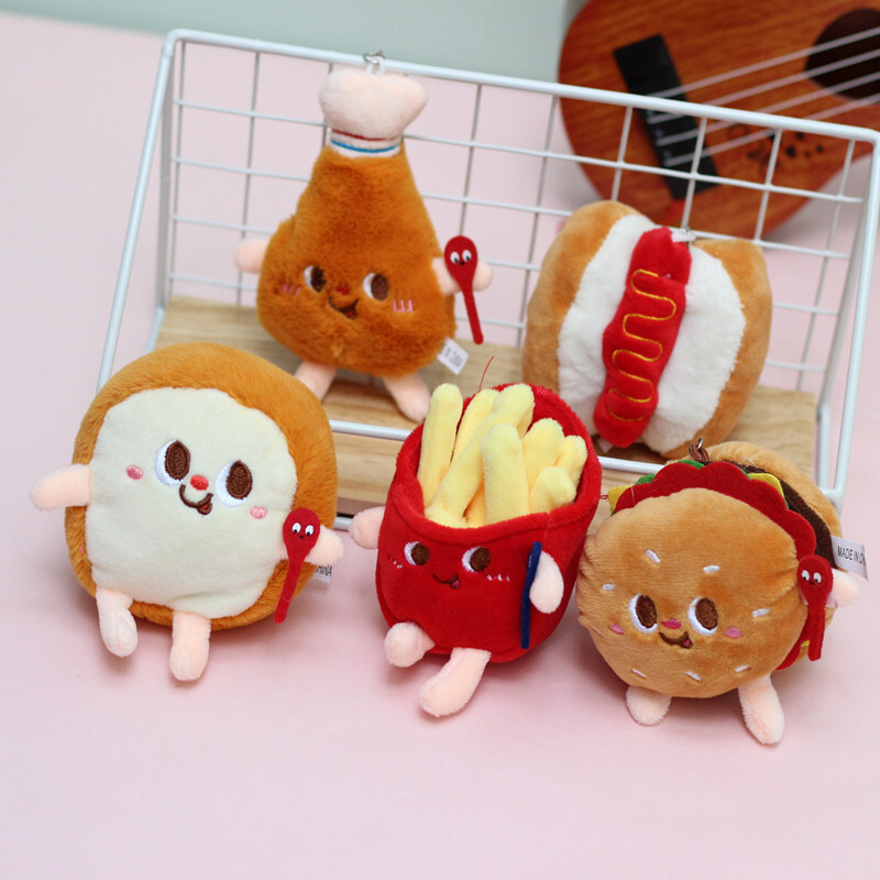 

Boneka Kentang goreng Perancis yang kreatif dan comel, hamburger, roti bakar, boneka plush, kaki ayam, kunci hot dog, pendant