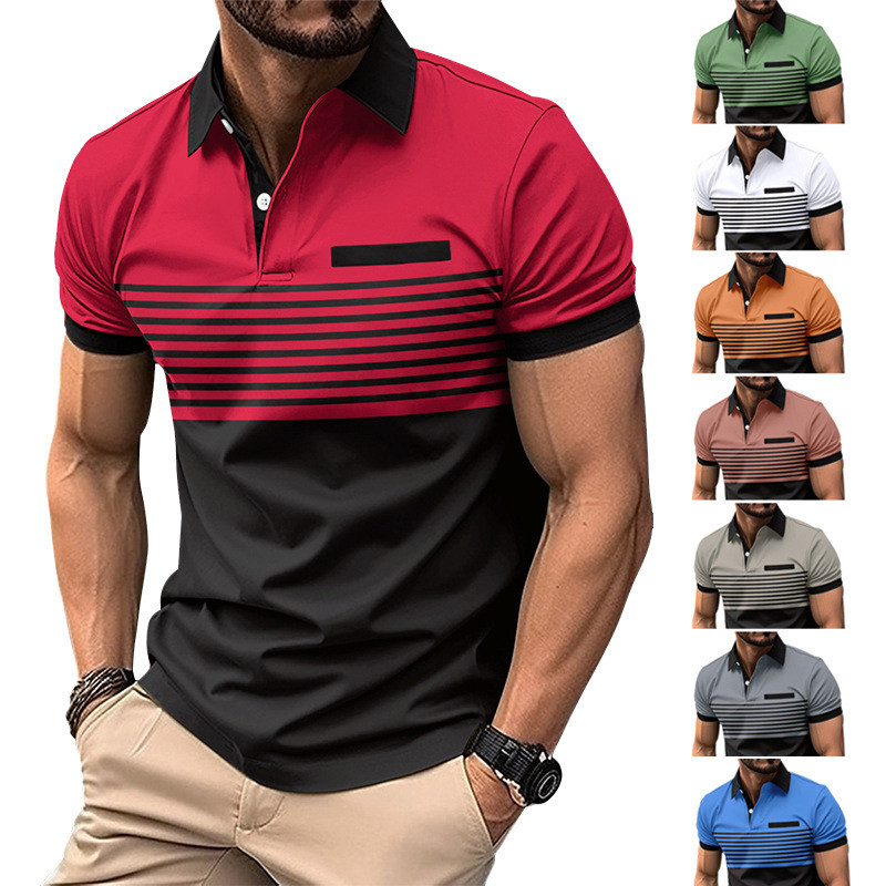 Kaos Polo Shirt Kerah Pria  Baru kasual polo baju dada palsu saku tombol cetak warna-warni bergaris 