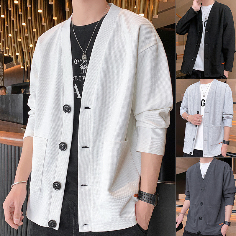 Hoodie Olahraga Pria Kasual Trendi  V-neck penjaga pria warna murni kain saku baju jaket waffle perg