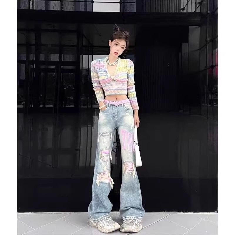 Jeans robek merah muda getaran Eropa dan Amerika untuk wanita desain khusus merek trendi mencuci cel