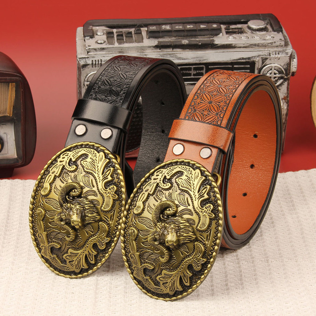 Sabuk Pria Kulit  Sabuk Pria  Barat cowboy besar buckle tren muda retro pria punk embossed kulit sab