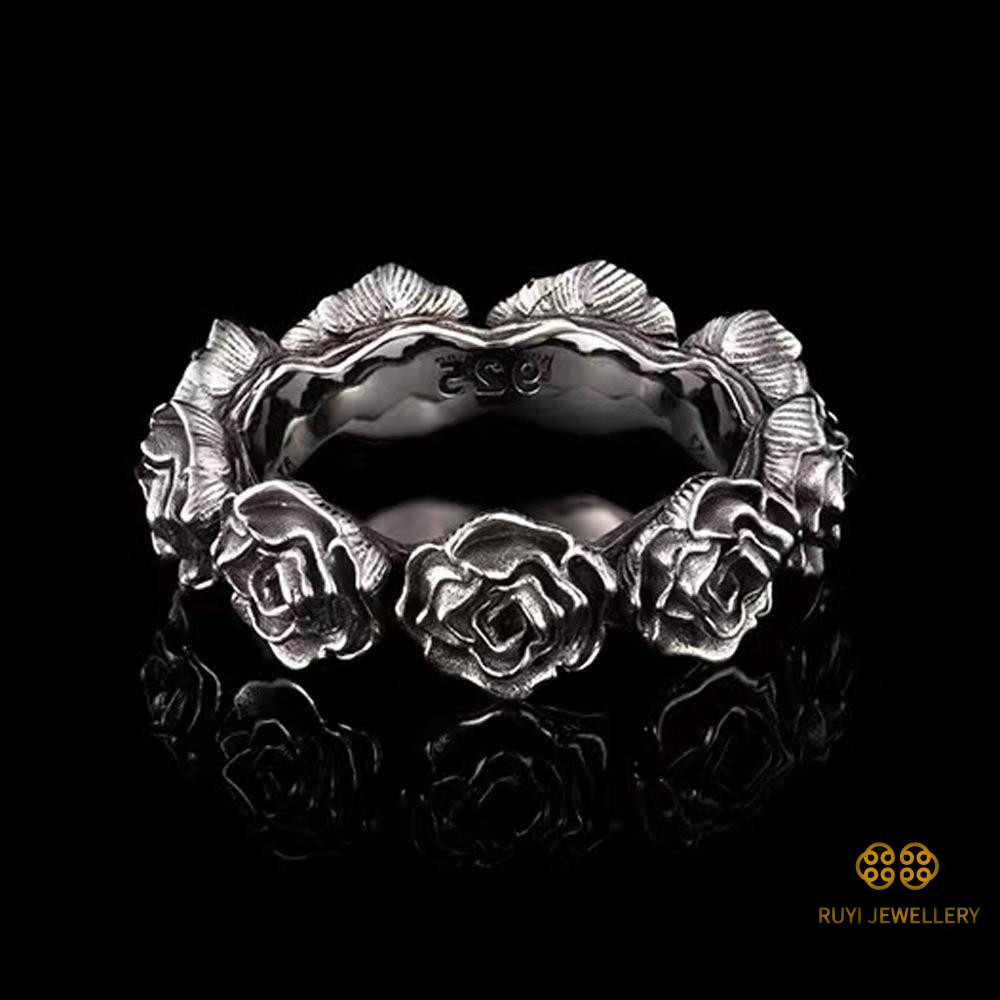 Cincin "Mawar Hitam" Cincin Terbuka Mawar Ksatria Hitam Retro Gaya Dingin Ceruk Pria dan Wanita Tre