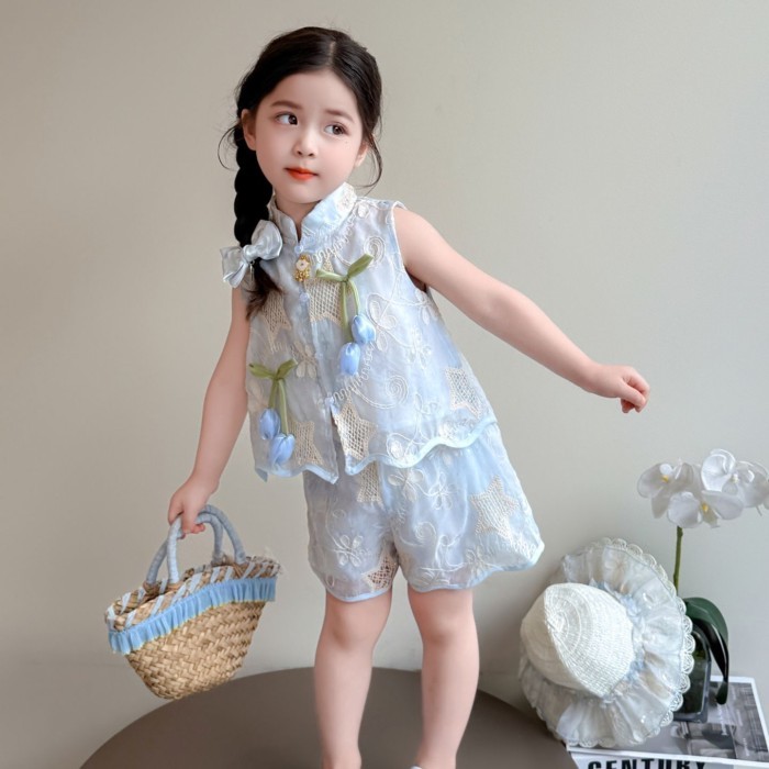 Setelan Musim Panas Gaya Cina Baru Anak Perempuan 2025 Celana Pendek Gaya Cina Tanpa Lengan Anak-an
