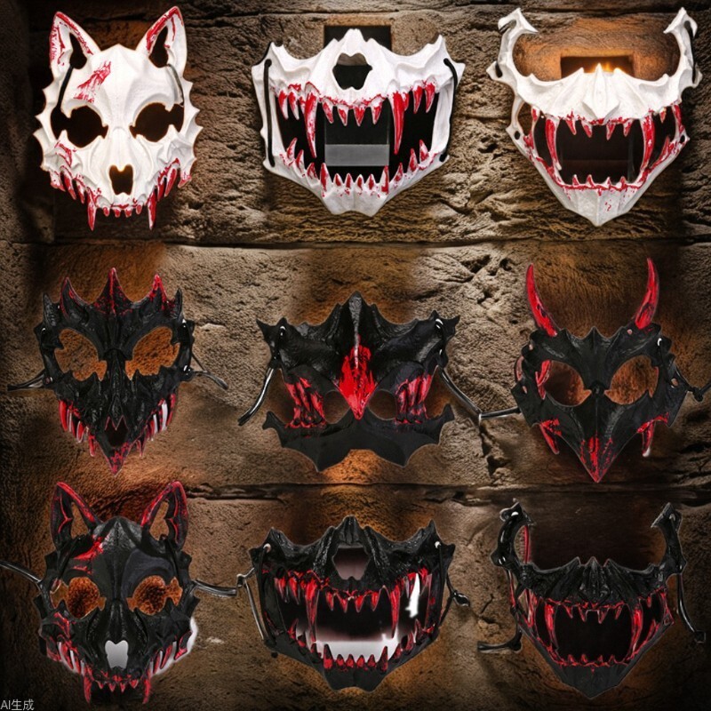 Topeng Mask Cosplay Setengah Wajah Anime Halloween Berdarah Harimau Yaksha Tengu Serigala Manusia Pe