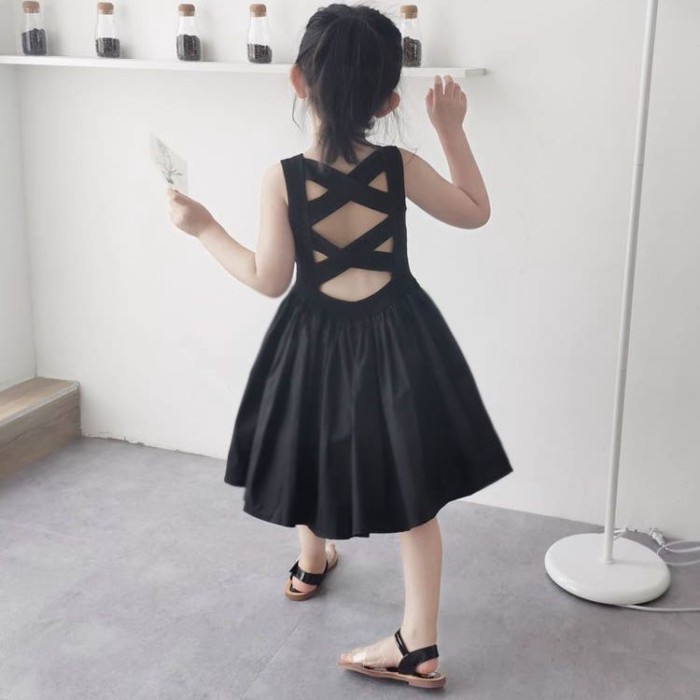 Gaun Anak Perempuan, Gaun Anak Musim Panas, Rok Suspender Hitam Punggung Terbuka Temperamen Gaya Kor
