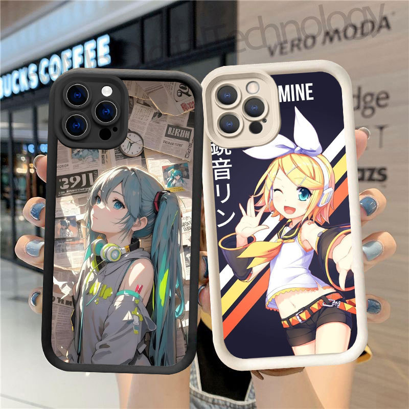 DW-47 Kagamine Twins Anime Silicone Casing hitam putih untuk for iPhone 14 15 Pro Max